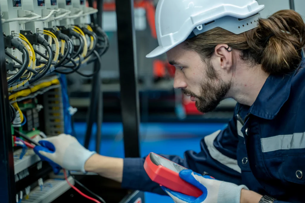 An electrical engineer checking a voltage and doing some tests